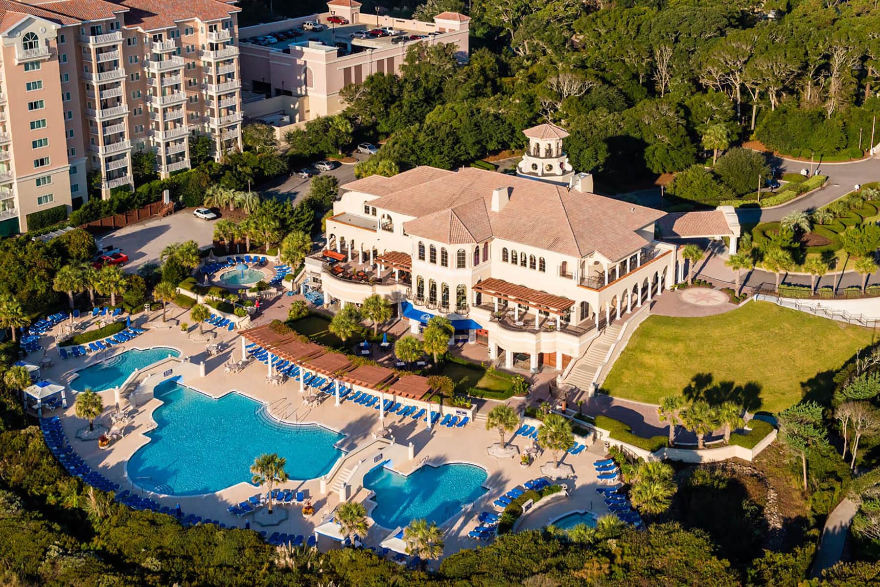 Aerial view of the Grande Dunes Ocean Club and its lagoon pools, Myrtle Beach