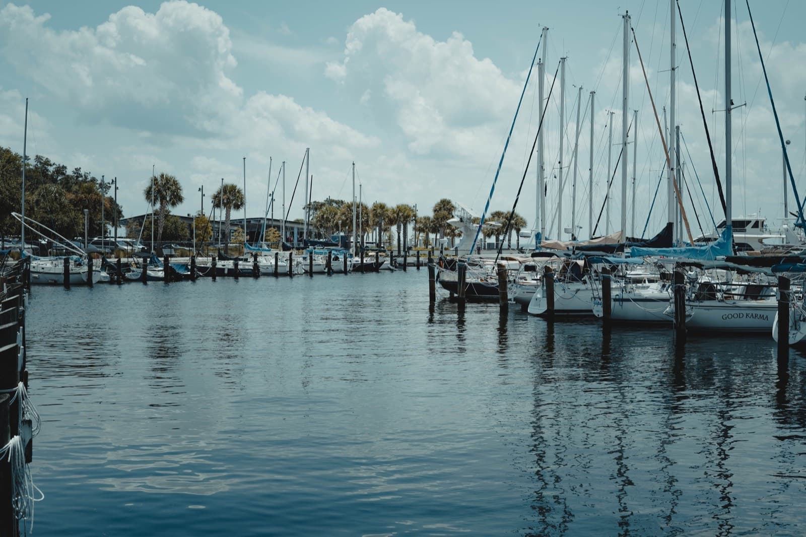 Sailboats docked at a marina in Murrells Inlet, South Carolina