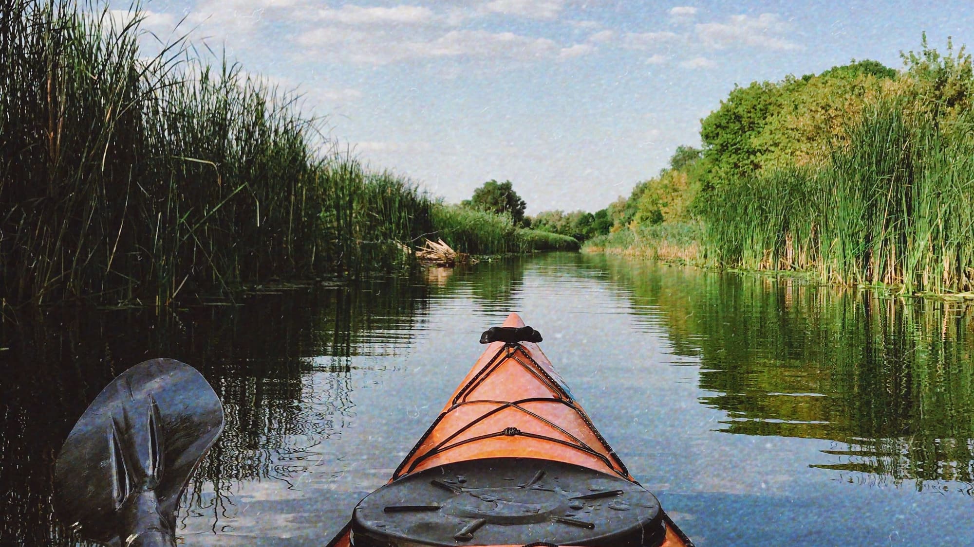 The bow of an orange kayak gliding down a narrow, glassy creek between tall green reeds